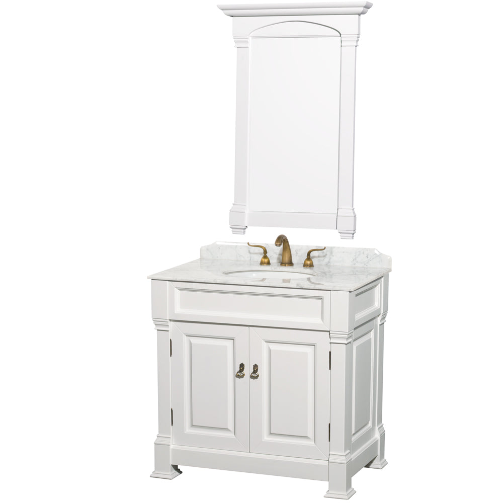 Wyndham Andover 36 Inch Single Bathroom Vanity in White, White Carrara Marble Countertop, Undermount Oval Sink, and 28 Inch Mirror- Wyndham