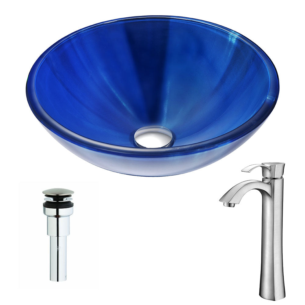 Meno Series Deco-Glass Vessel Sink in Lustrous Blue with Harmony Faucet in Brushed Nickel- Anzzi