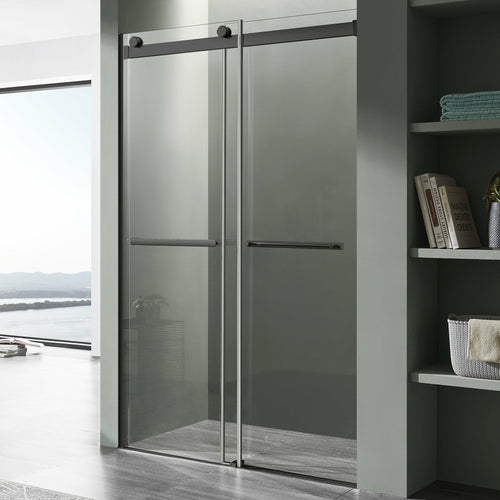 Kahn Series 60 in. x 76 in. Frameless Sliding Shower Door with Horizontal Handle in Matte Black- Anzzi