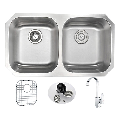 MOORE Undermount 32 in. Double Bowl Kitchen Sink with Opus Faucet in Polished Chrome- Anzzi