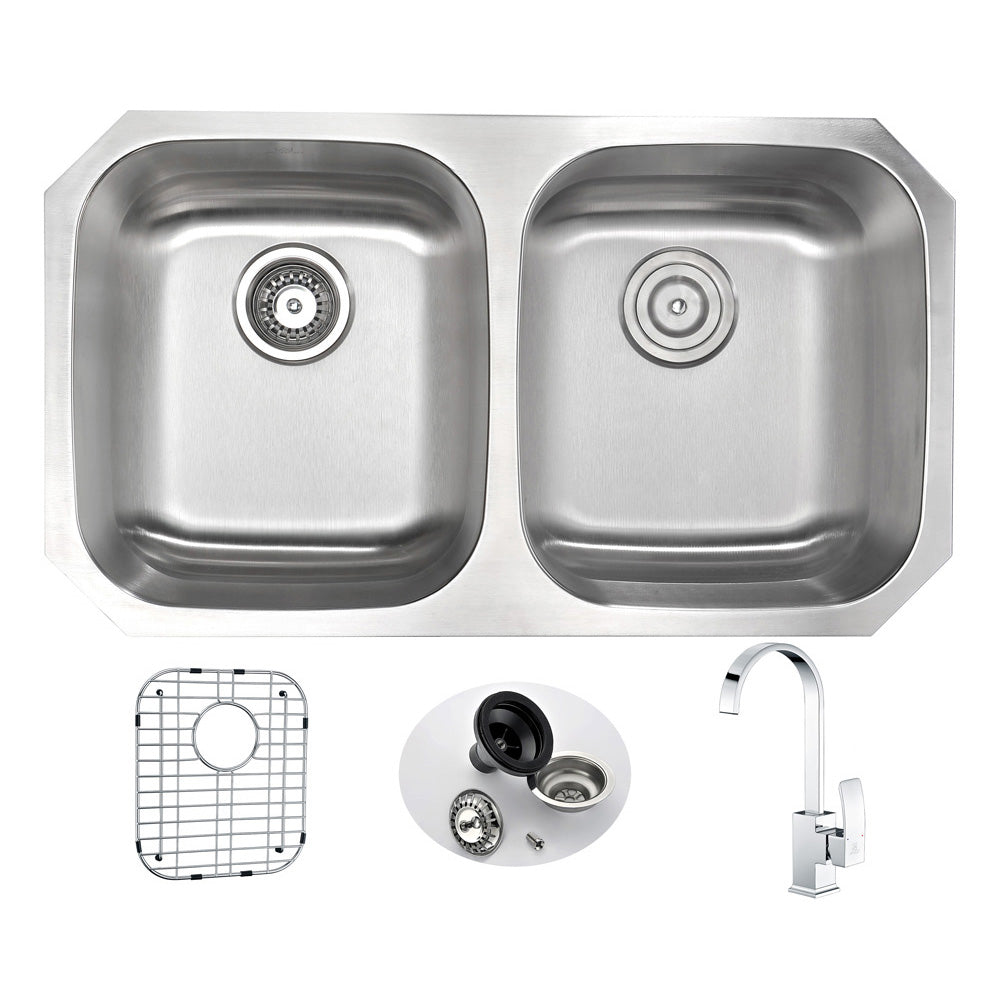 MOORE Undermount 32 in. Double Bowl Kitchen Sink with Opus Faucet in Polished Chrome- Anzzi