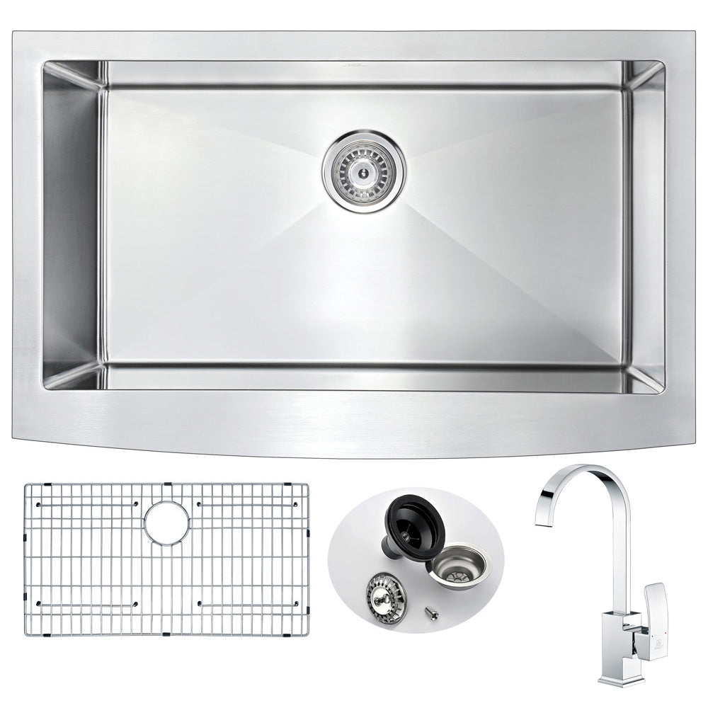 Elysian Farmhouse 36 in. Kitchen Sink with Opus Faucet in Polished Chrome- Anzzi