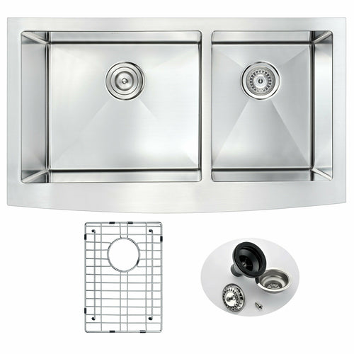 Elysian Farmhouse Stainless Steel 33 in. 0-Hole 60/40 Double Bowl Kitchen Sink in Brushed Satin- Anzzi