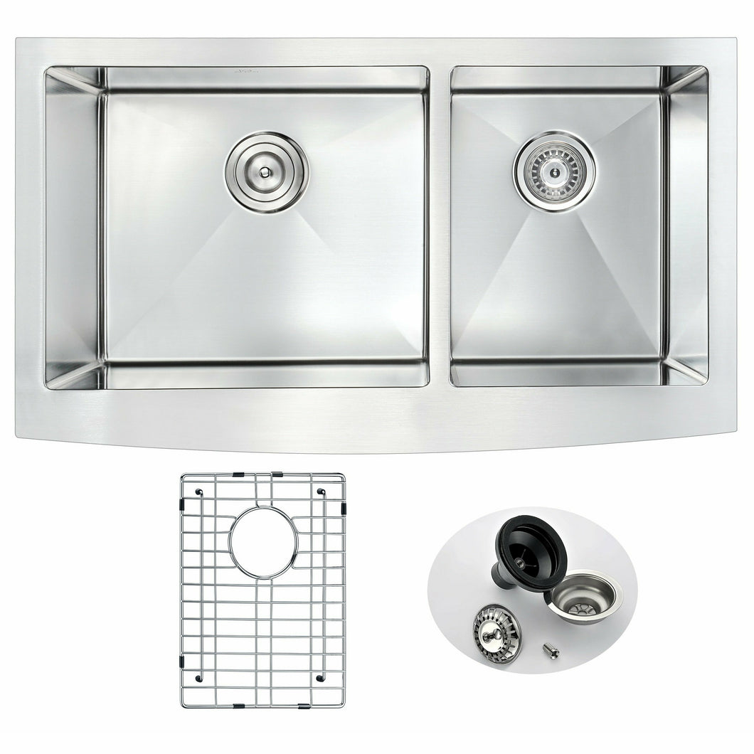 Elysian Farmhouse Stainless Steel 33 in. 0-Hole 60/40 Double Bowl Kitchen Sink in Brushed Satin- Anzzi