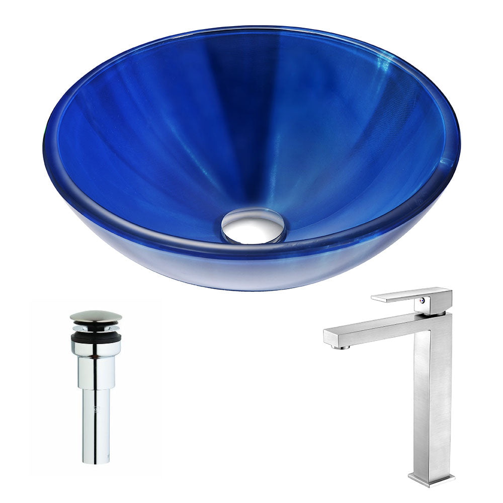 Meno Series Deco-Glass Vessel Sink in Lustrous Blue with Enti Faucet in Brushed Nickel- Anzzi