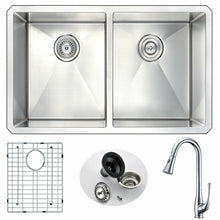 Load image into Gallery viewer, VANGUARD Undermount 32 in. Double Bowl Kitchen Sink with Singer Faucet in Polished Chrome- Anzzi