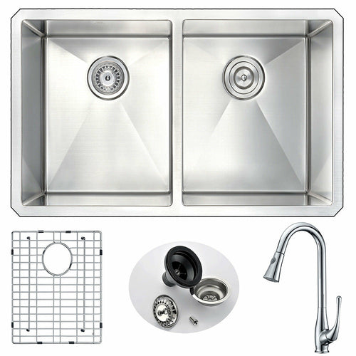 VANGUARD Undermount 32 in. Double Bowl Kitchen Sink with Singer Faucet in Polished Chrome- Anzzi