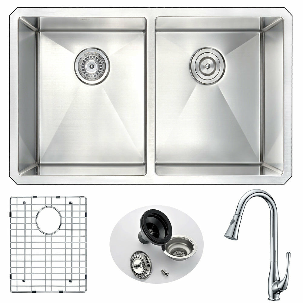 VANGUARD Undermount 32 in. Double Bowl Kitchen Sink with Singer Faucet in Polished Chrome- Anzzi