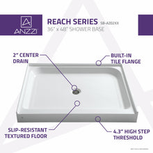 Load image into Gallery viewer, Reach 36 x 48  in. Single Threshold Shower Base in White- Anzzi