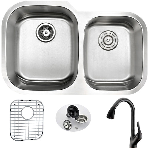 MOORE Undermount 32 in. Double Bowl Kitchen Sink with Accent Faucet in Oil Rubbed Bronze- Anzzi