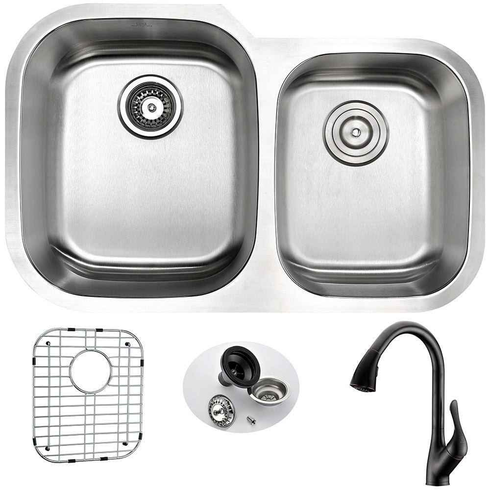MOORE Undermount 32 in. Double Bowl Kitchen Sink with Accent Faucet in Oil Rubbed Bronze- Anzzi