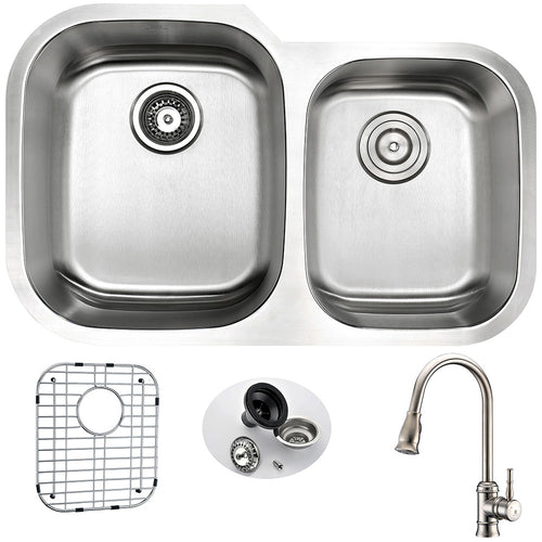 MOORE Undermount 32 in. Double Bowl Kitchen Sink with Sails Faucet in Brushed Nickel- Anzzi