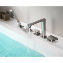Load image into Gallery viewer, Shore 3-Handle Deck-Mount Roman Tub Faucet with Handheld Sprayer in Brushed Nickel- Anzzi