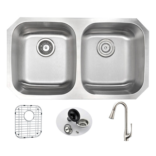 MOORE Undermount 32 in. Double Bowl Kitchen Sink with Singer Faucet in Brushed Nickel- Anzzi
