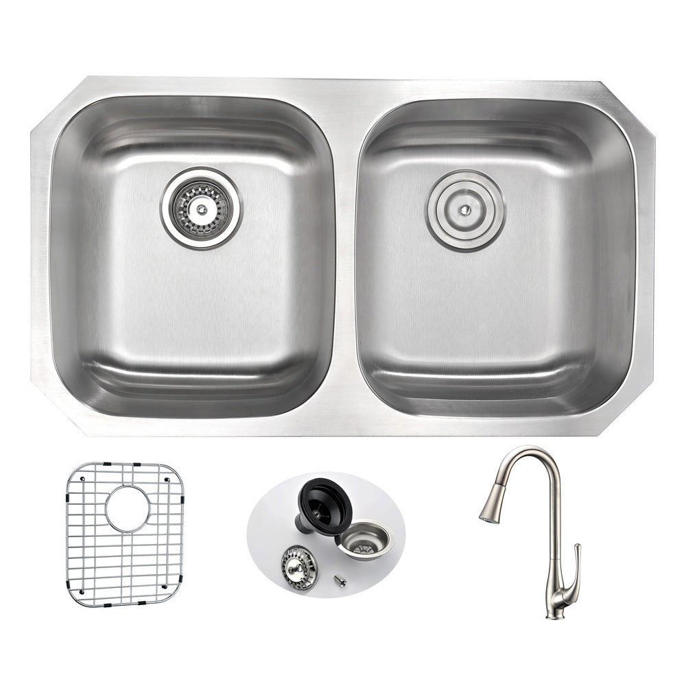 MOORE Undermount 32 in. Double Bowl Kitchen Sink with Singer Faucet in Brushed Nickel- Anzzi