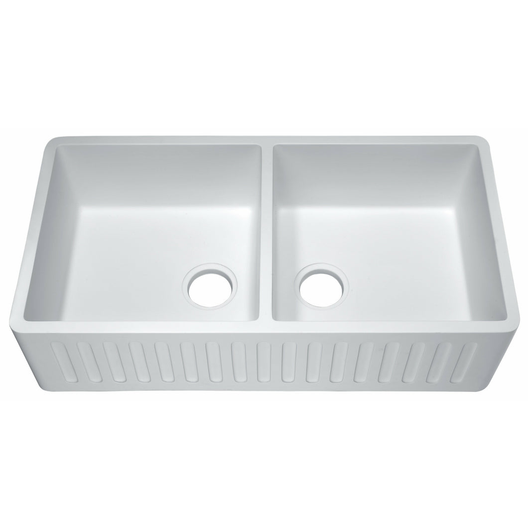 Roine Farmhouse Reversible Apron Front Solid Surface 35 in. Double Basin Kitchen Sink in White- Anzzi