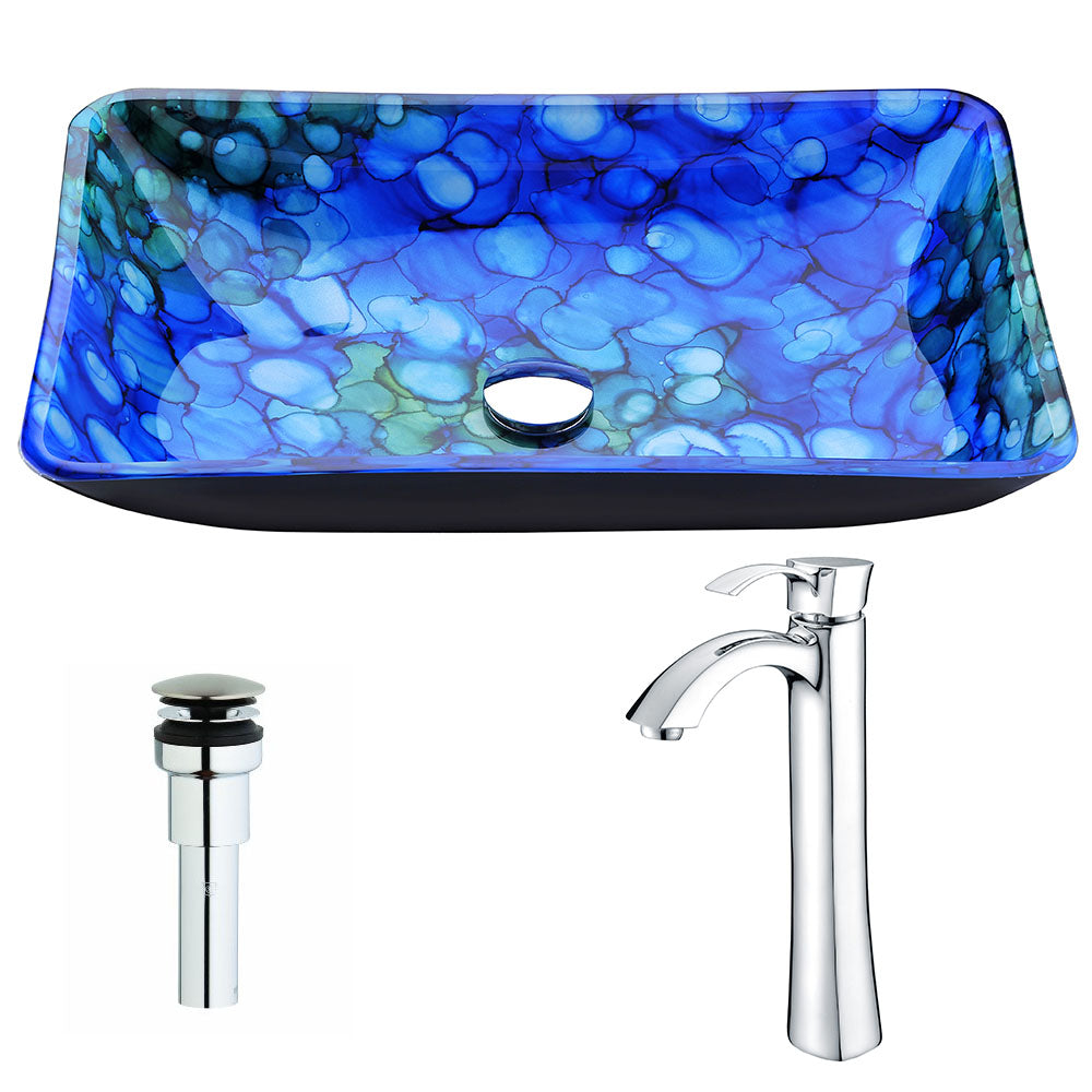 Voce Series Deco-Glass Vessel Sink in Lustrous Blue with Harmony Faucet in Chrome- Anzzi