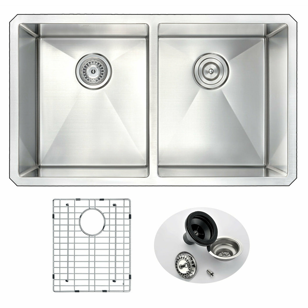 Vanguard Undermount Stainless Steel 32 in. 0-Hole 50/50 Double Bowl Kitchen Sink in Brushed Satin- Anzzi