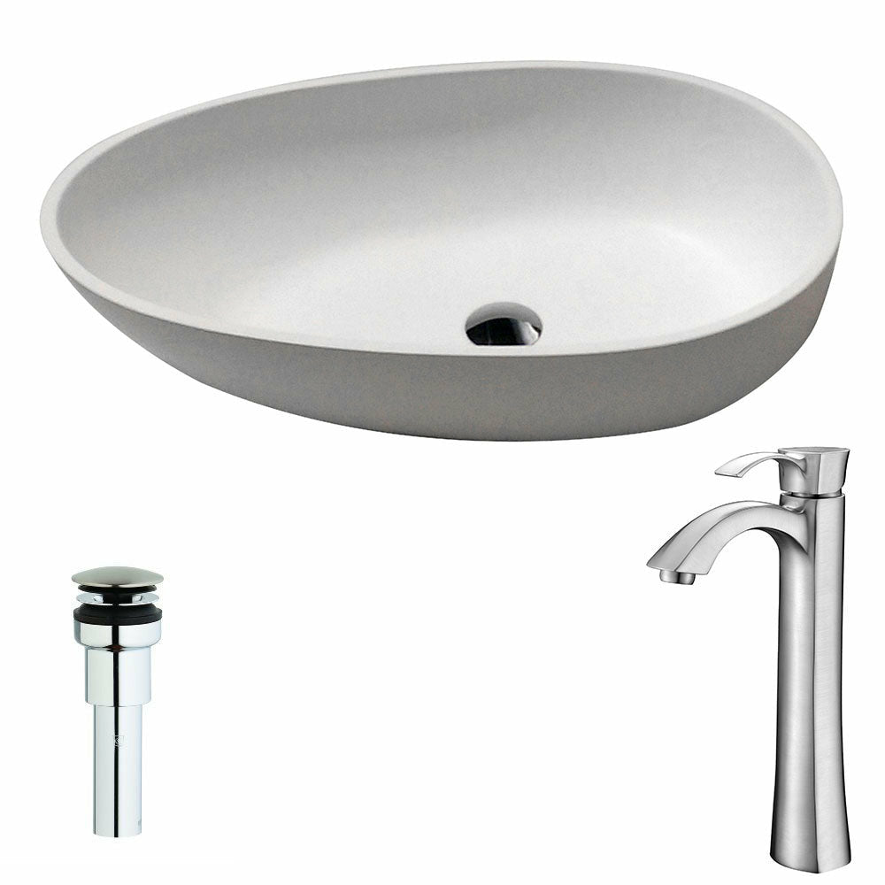 Trident One Piece Solid Surface Vessel Sink in Matte White with Harmony Faucet in Brushed Nickel- Anzzi