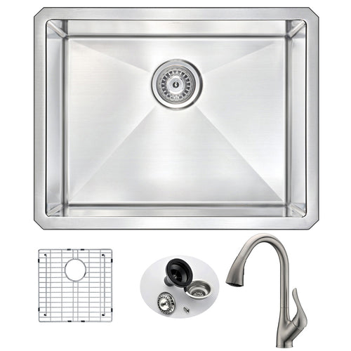VANGUARD Undermount 23 in. Single Bowl Kitchen Sink with Accent Faucet in Brushed Nickel- Anzzi