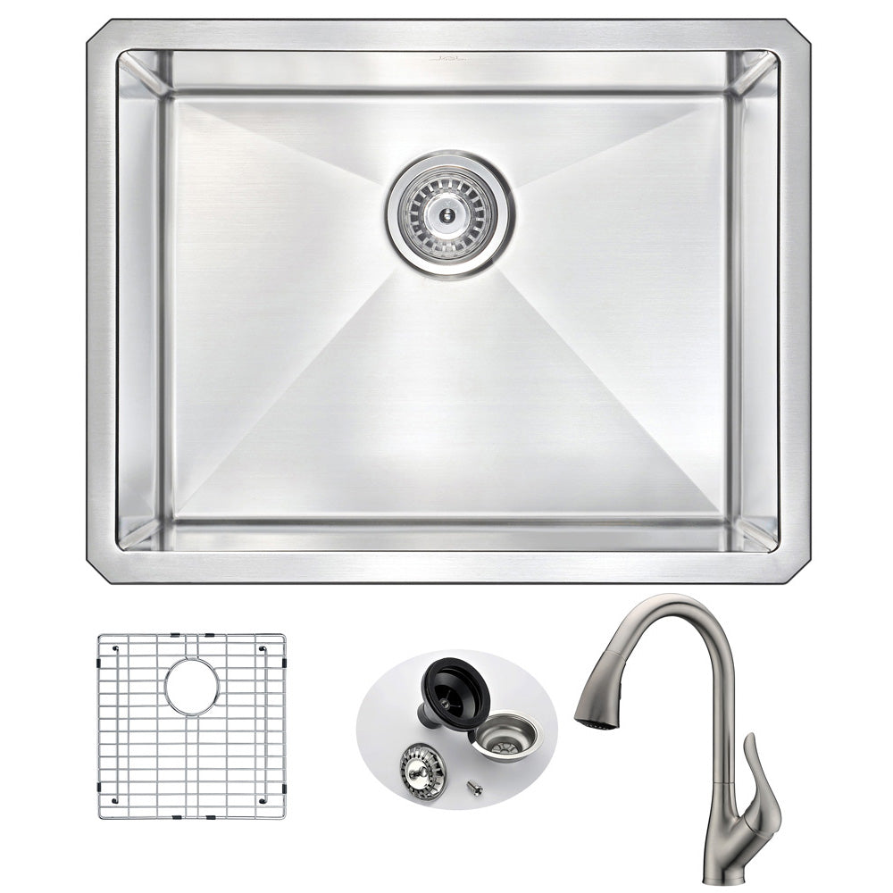 VANGUARD Undermount 23 in. Single Bowl Kitchen Sink with Accent Faucet in Brushed Nickel- Anzzi