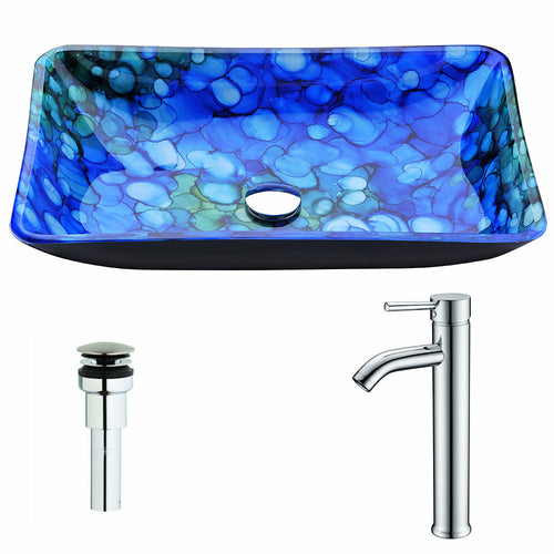 Voce Series Deco-Glass Vessel Sink in Lustrous Blue with Fann Faucet in Chrome- Anzzi