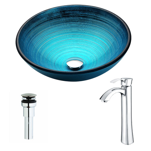Enti Series Deco-Glass Vessel Sink in Lustrous Blue with Harmony Faucet in Polished Chrome- Anzzi