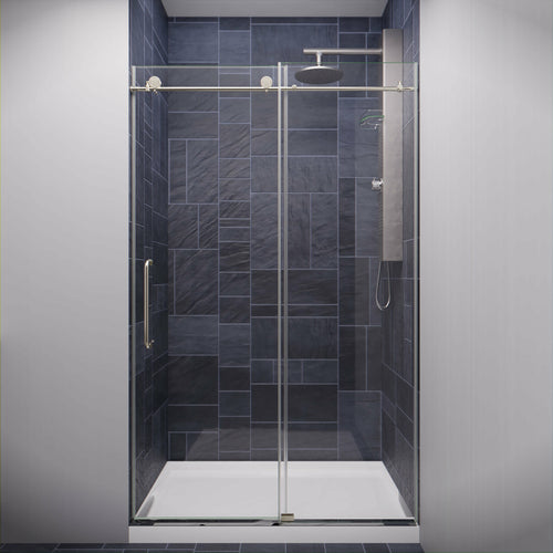 Leon Series 48 in. by 76 in. Frameless Sliding Shower Door in Brushed Nickel with Handle- Anzzi