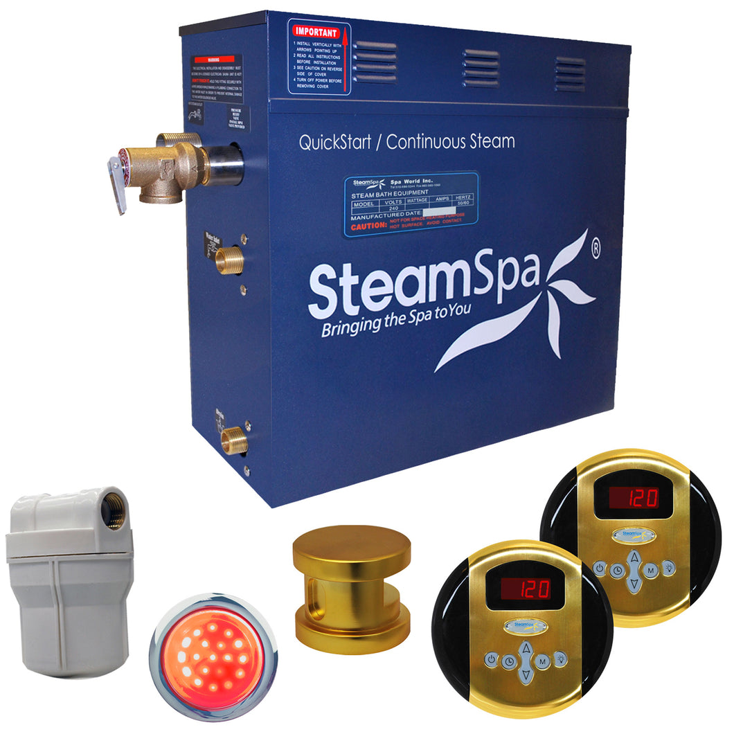 SteamSpa Royal 9 KW QuickStart Acu-Steam Bath Generator Package in Polished Gold- SteamSpa