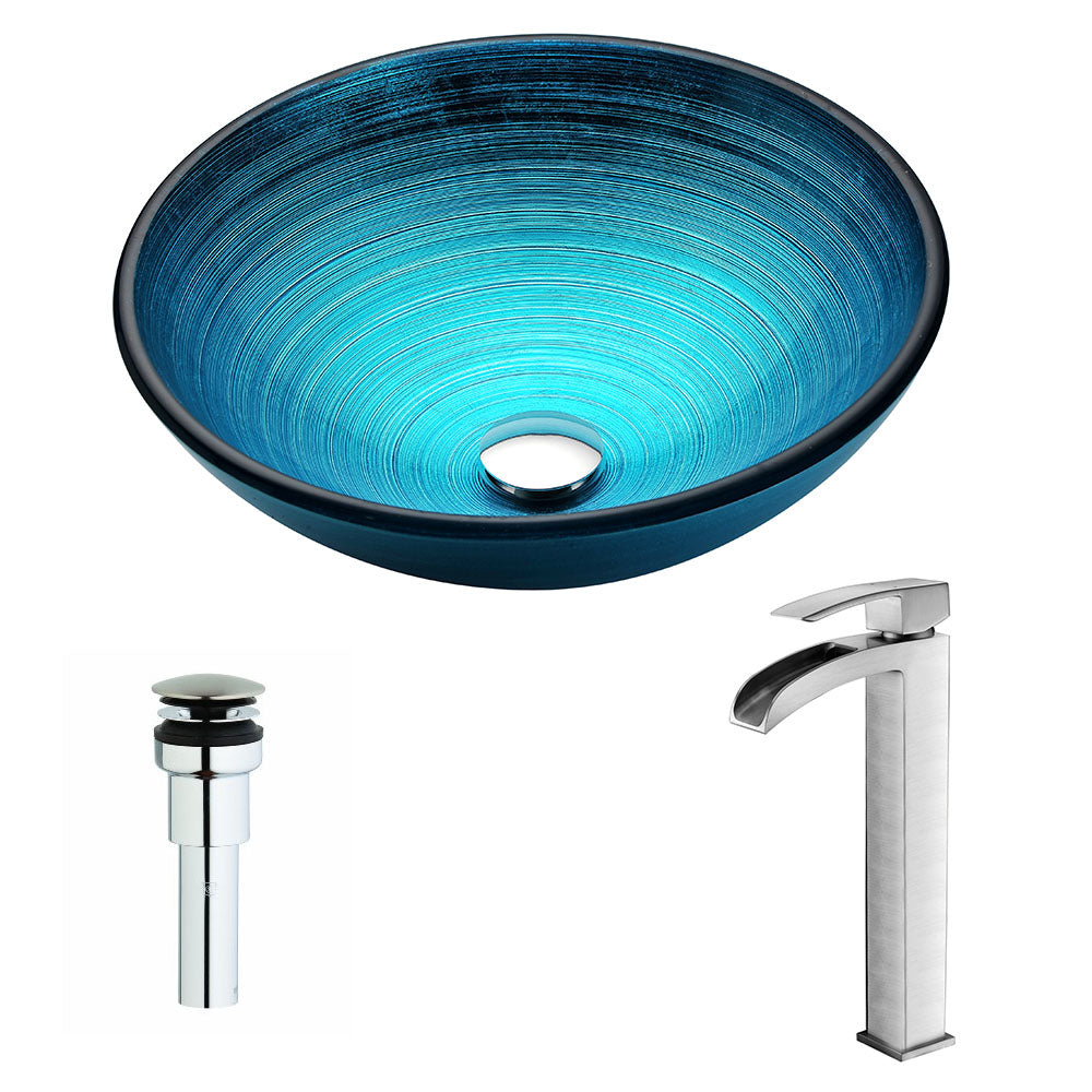 Enti Series Deco-Glass Vessel Sink in Lustrous Blue with Key Faucet in Brushed Nickel- Anzzi