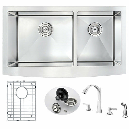 ELYSIAN Farmhouse Stainless Steel 33 in. Double Bowl Kitchen Sink and Faucet Set with Soave Faucet in Brushed Nickel- Anzzi