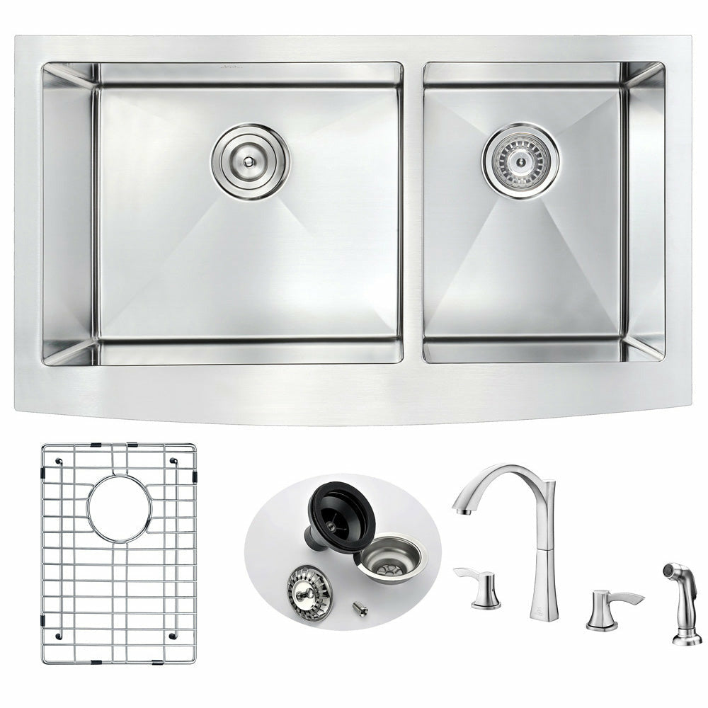 ELYSIAN Farmhouse Stainless Steel 33 in. Double Bowl Kitchen Sink and Faucet Set with Soave Faucet in Brushed Nickel- Anzzi