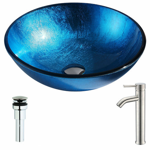Arc Series Deco-Glass Vessel Sink in Lustrous Light Blue with Fann Faucet in Brushed Nickel- Anzzi
