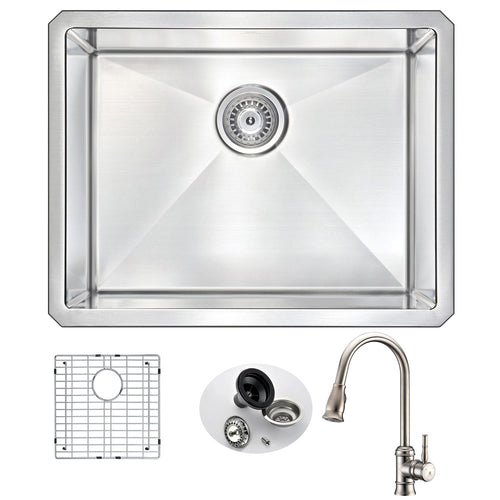 VANGUARD Undermount 23 in. Single Bowl Kitchen Sink with Sails Faucet in Brushed Nickel- Anzzi