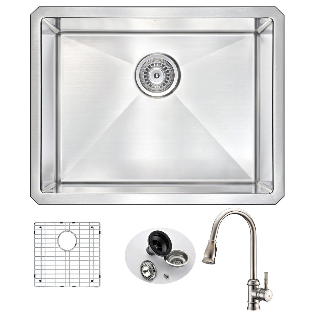 VANGUARD Undermount 23 in. Single Bowl Kitchen Sink with Sails Faucet in Brushed Nickel- Anzzi