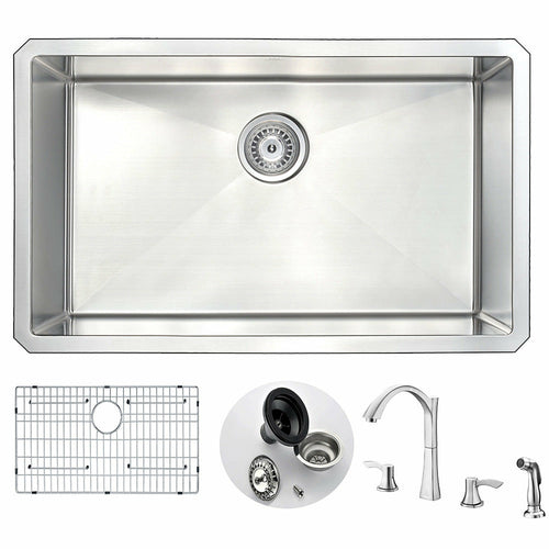 VANGUARD Undermount Stainless Steel 30 in. 0-Hole Kitchen Sink and Faucet Set with Soave Faucet in Brushed Nickel- Anzzi