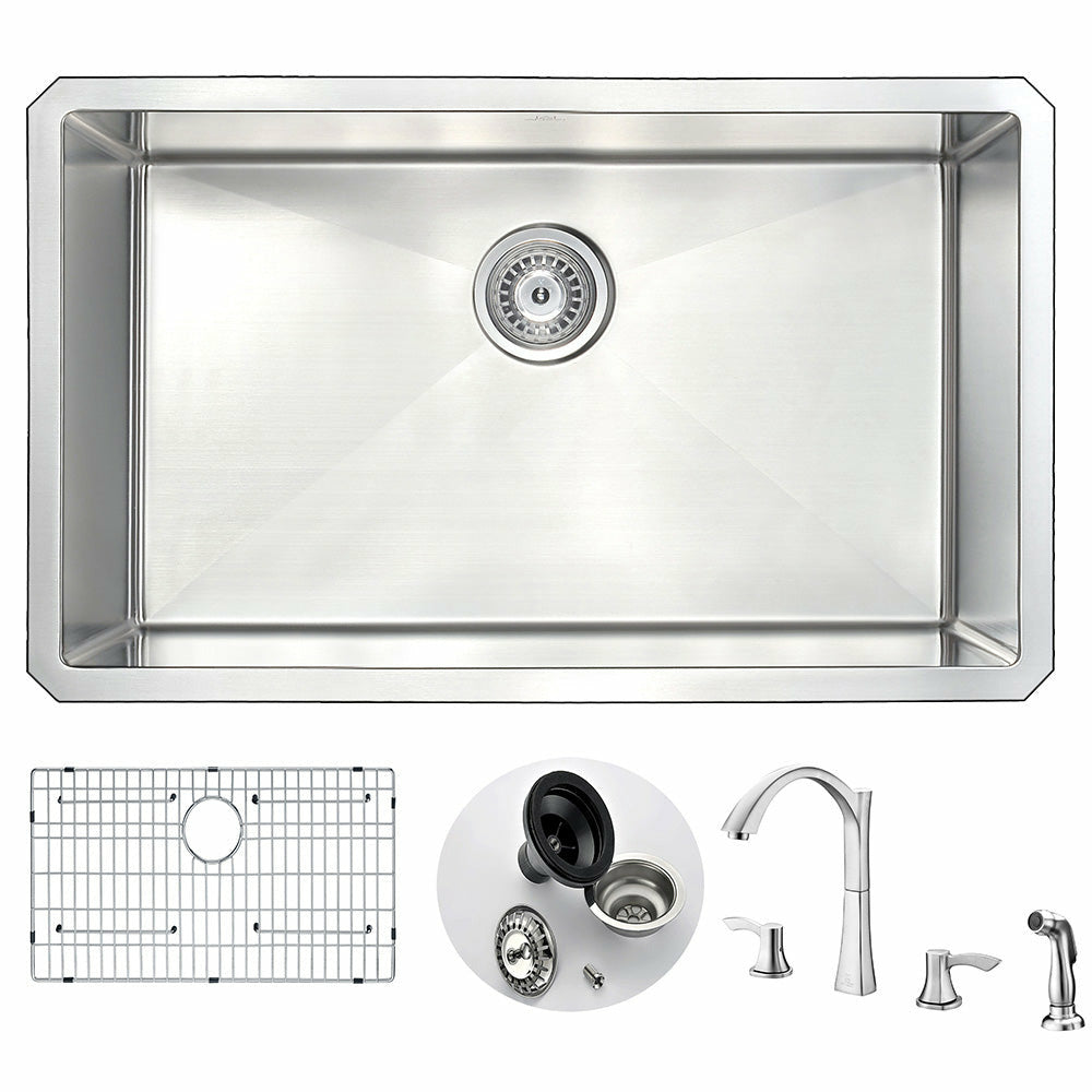 VANGUARD Undermount Stainless Steel 30 in. 0-Hole Kitchen Sink and Faucet Set with Soave Faucet in Brushed Nickel- Anzzi