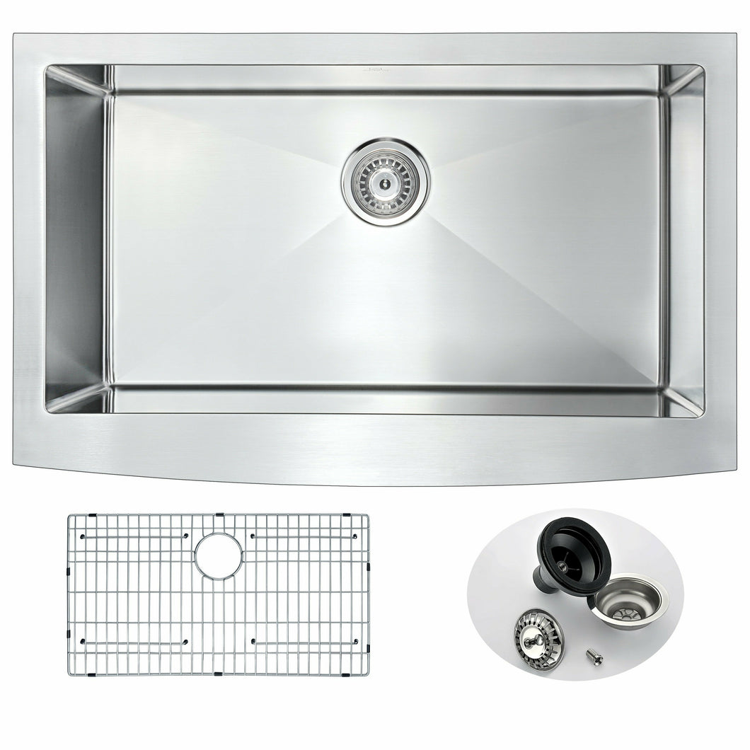 Elysian Farmhouse Stainless Steel 36 in. Single Bowl Kitchen Sink in Brushed Satin- Anzzi