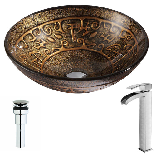 Alto Series Deco-Glass Vessel Sink in Lustrous Brown with Key Faucet in Brushed Nickel- Anzzi
