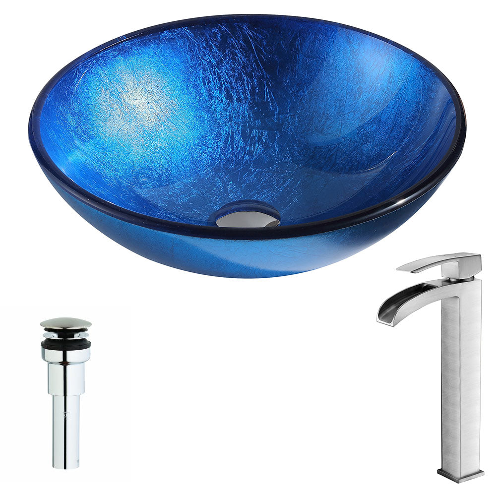 Clavier Series Deco-Glass Vessel Sink in Lustrous Blue with Key Faucet in Brushed Nickel- Anzzi