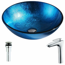 Load image into Gallery viewer, Arc Series Deco-Glass Vessel Sink in Lustrous Light Blue with Crown Faucet in Chrome- Anzzi