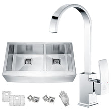 Load image into Gallery viewer, Elysian Farmhouse 36 in. 60/40 Double Bowl Kitchen Sink with Faucet in Polished Chrome- Anzzi