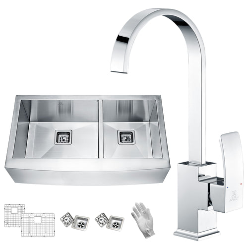 Elysian Farmhouse 36 in. 60/40 Double Bowl Kitchen Sink with Faucet in Polished Chrome- Anzzi