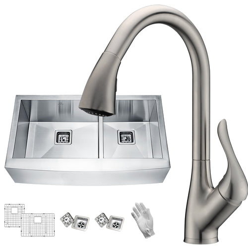 Elysian Farmhouse 36 in. 60/40 Double Bowl Kitchen Sink with Faucet in Brushed Nickel- Anzzi