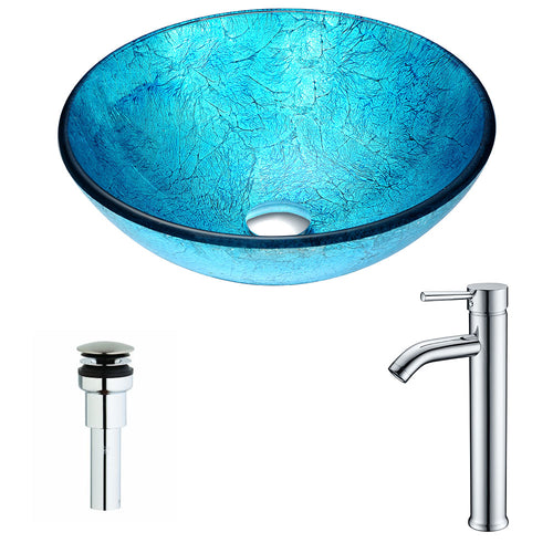 Accent Series Deco-Glass Vessel Sink in Blue Ice with Fann Faucet in Chrome- Anzzi