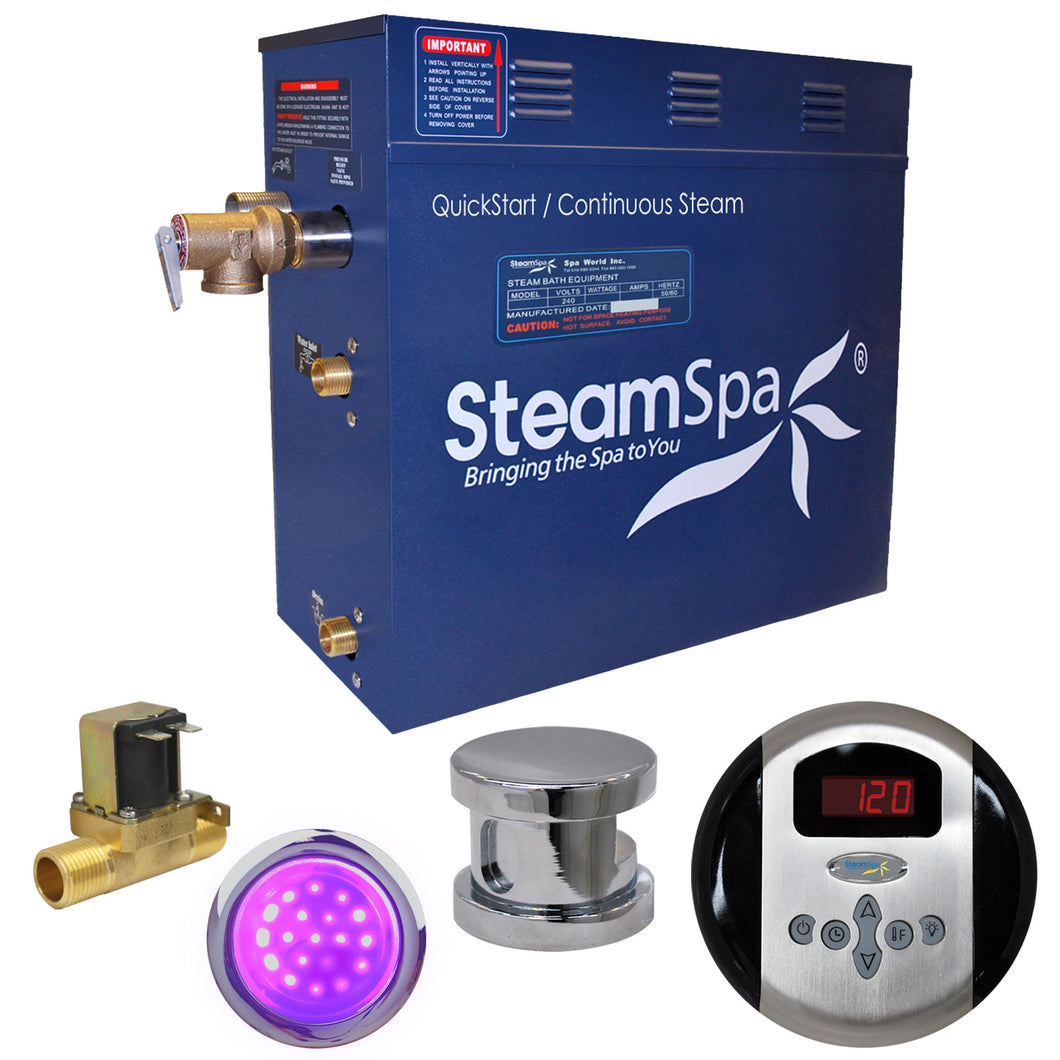 SteamSpa Indulgence 9 KW QuickStart Acu-Steam Bath Generator Package with Built-in Auto Drain in Polished Chrome- SteamSpa
