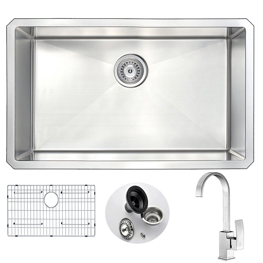 VANGUARD Undermount 30 in. Kitchen Sink with Opus Faucet in Brushed Nickel- Anzzi