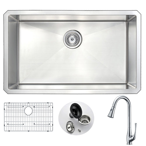 VANGUARD Undermount 30 in. Single Bowl Kitchen Sink with Singer Faucet in Polished Chrome- Anzzi