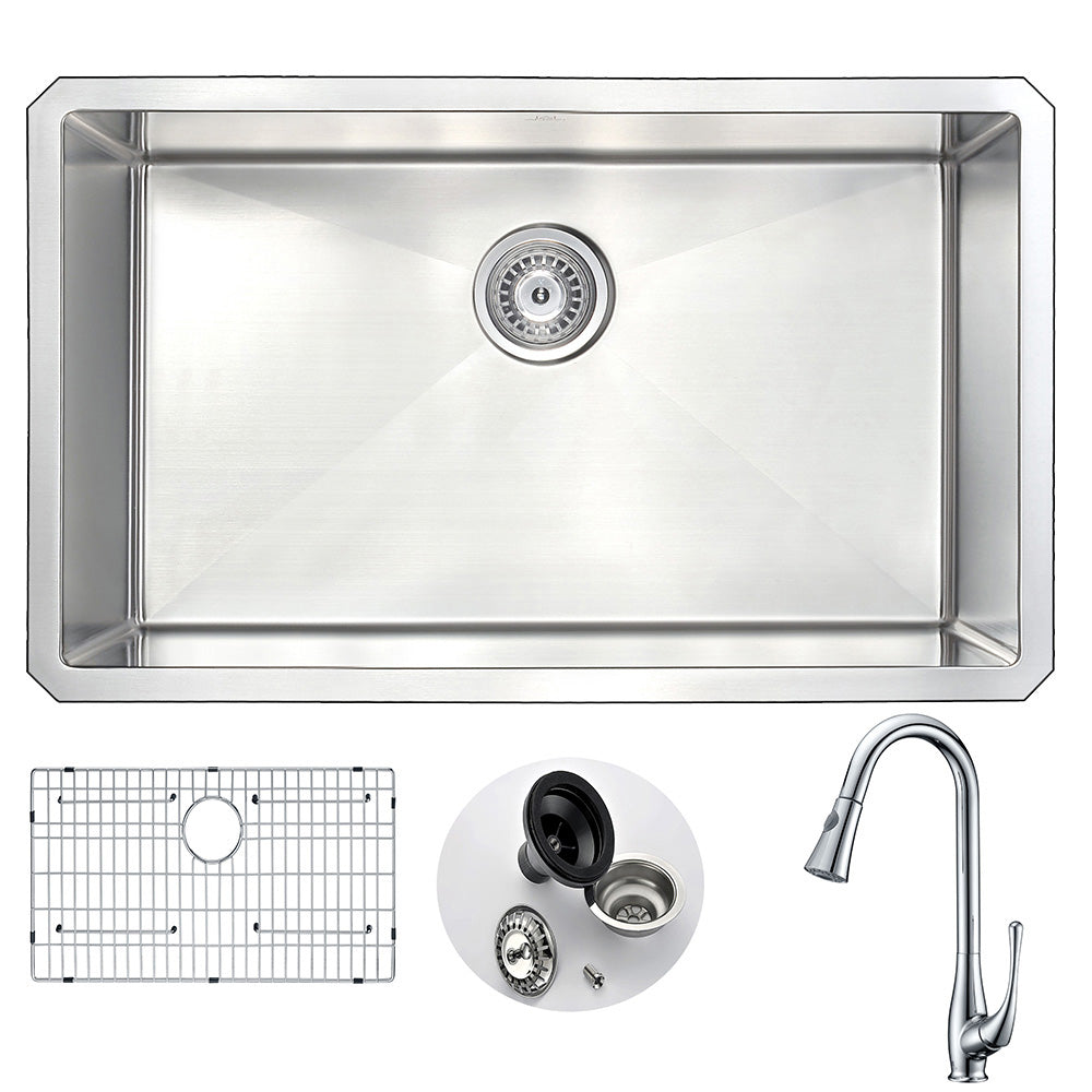 VANGUARD Undermount 30 in. Single Bowl Kitchen Sink with Singer Faucet in Polished Chrome- Anzzi