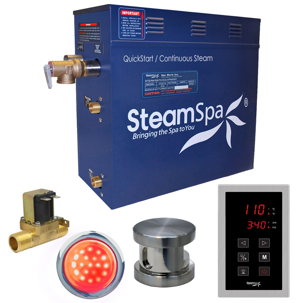 SteamSpa Indulgence 9 KW QuickStart Acu-Steam Bath Generator Package with Built-in Auto Drain in Brushed Nickel- SteamSpa